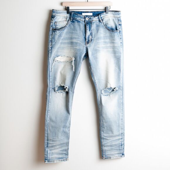 KDNK 11 4 14 11 Jeans Mens 38 Distressed Destroyed Ripped Funky - Picture 1 of 16